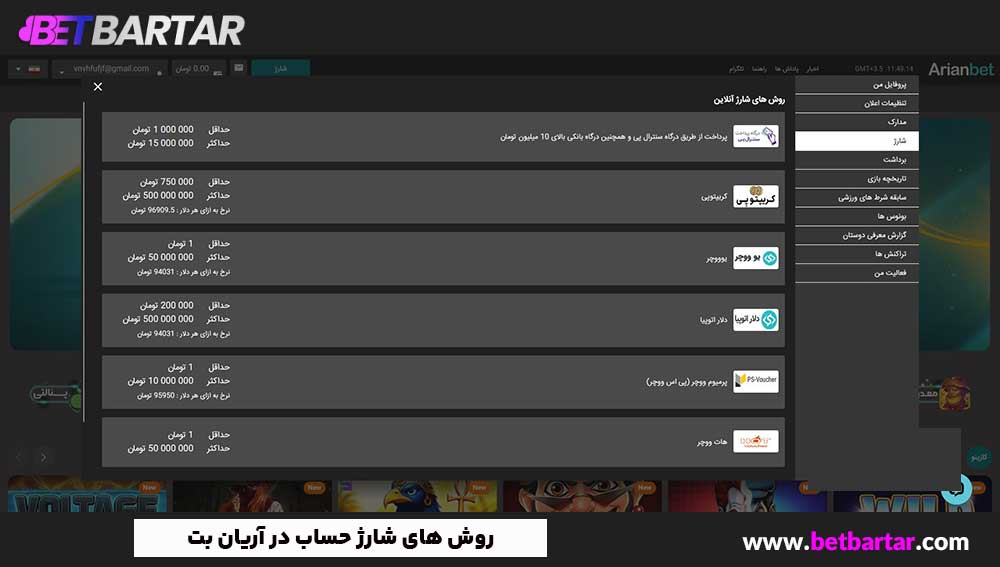 روش های شارژ حساب در آریان بت