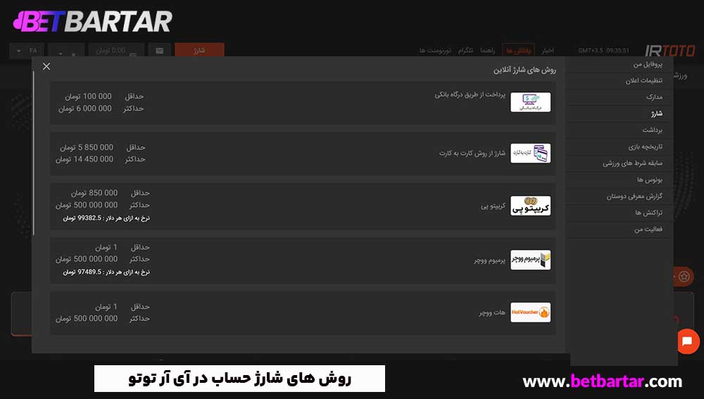 روش های شارژ حساب در آی آر توتو